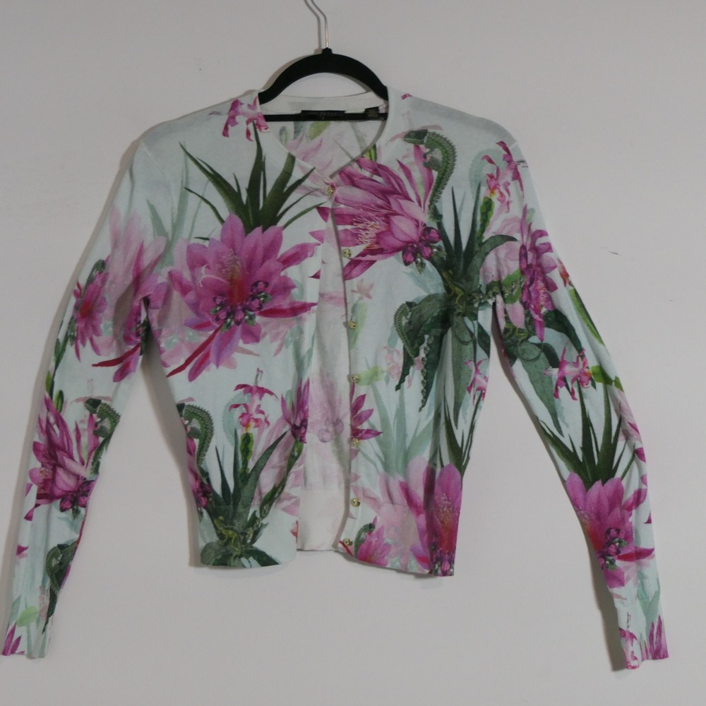 Ted Baker Womens Floral Cardigan S White Pink Cactus Print Gold Button Romantic